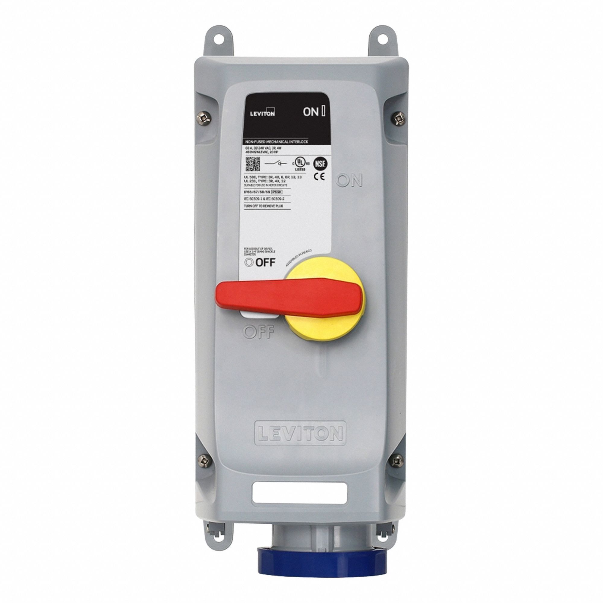 Pin and Sleeve Mechanical Interlock: Non-Fused, 60 A, 240V AC, 7 1/2 hp Horsepower Rating