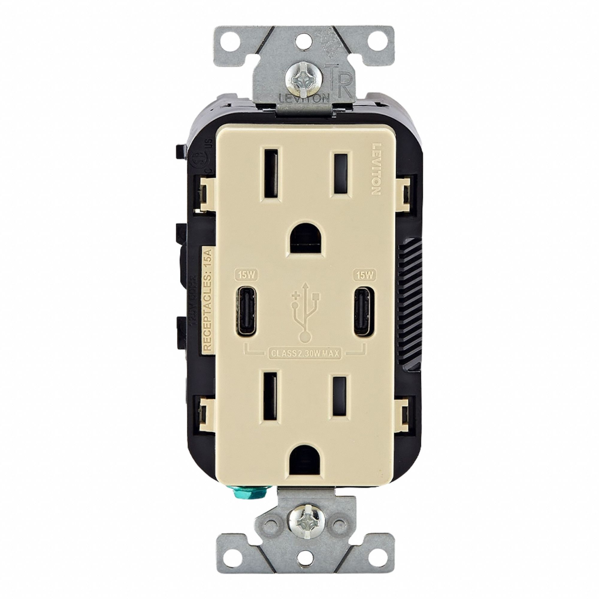 USB Receptacle: Decorator Duplex, 5-15R, USB Type C, Ivory, 125V AC, 15 A (MPN T5637-I). Key specifications — Brand: LEVITON.