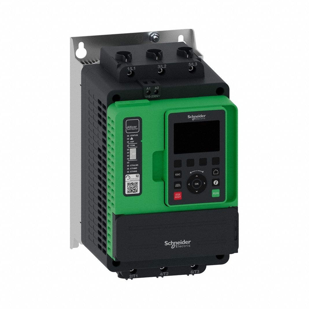 SCHNEIDER Soft Start: 208-690V AC, 110 A Output Current, With Bypass, IP20, 60/50 Hz, Three Phase (MPN ATS490C11Y). Key specifications — Control Voltage: 110-230V AC; Manufacturer Part Number: ATS490C11Y.
