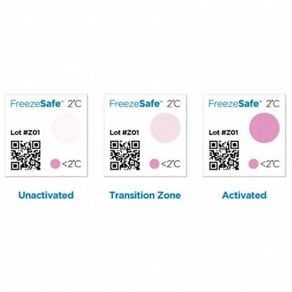 Color Changing Freeze Indicator Label: 83/100 in Label Wd, 83/100 in Label Ht, 100 Pack Qty, 100 PK