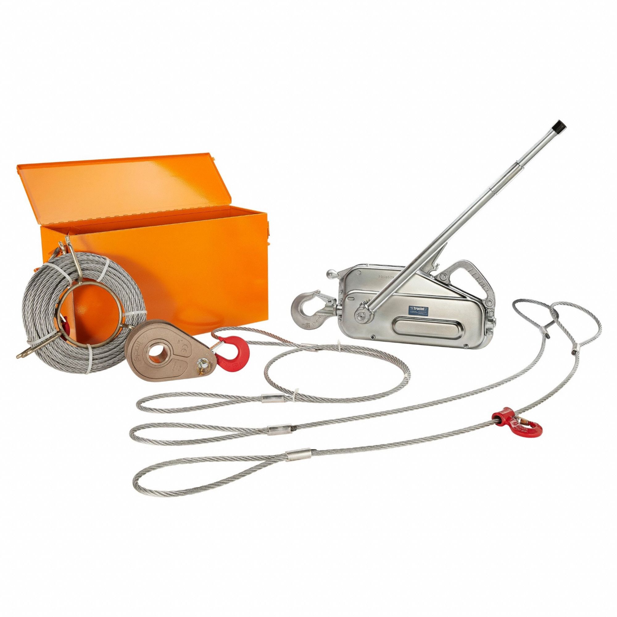 Cable Hoist Rescue Kit: Lower/Raise, Snap Hook, Hook, 60 ft Max Working Lg, Orange, Steel