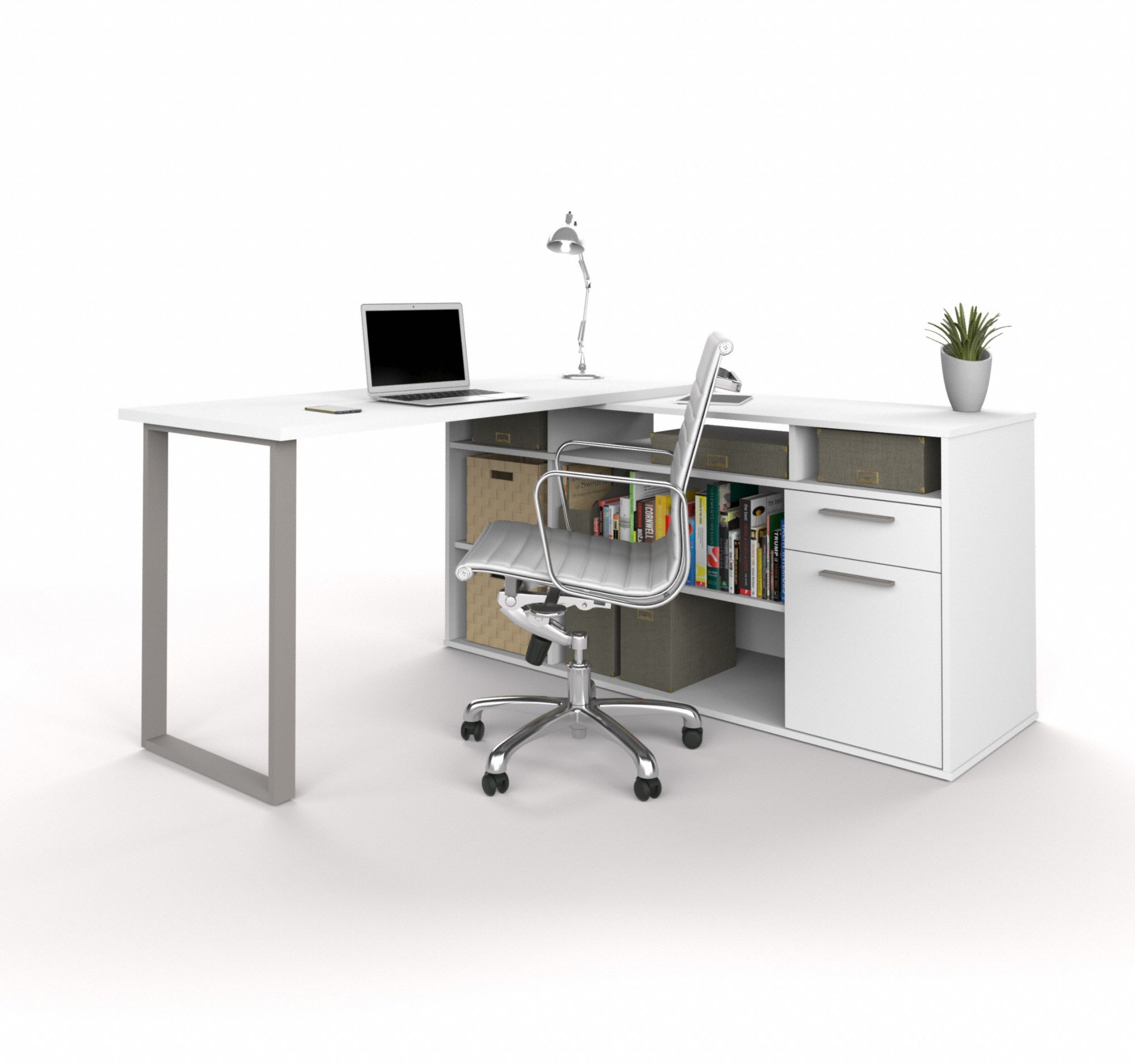 L-Shape Desk: Solay Series, 59 1/4 in Overall Wd, 29 45/64 in Overall Ht, White, White