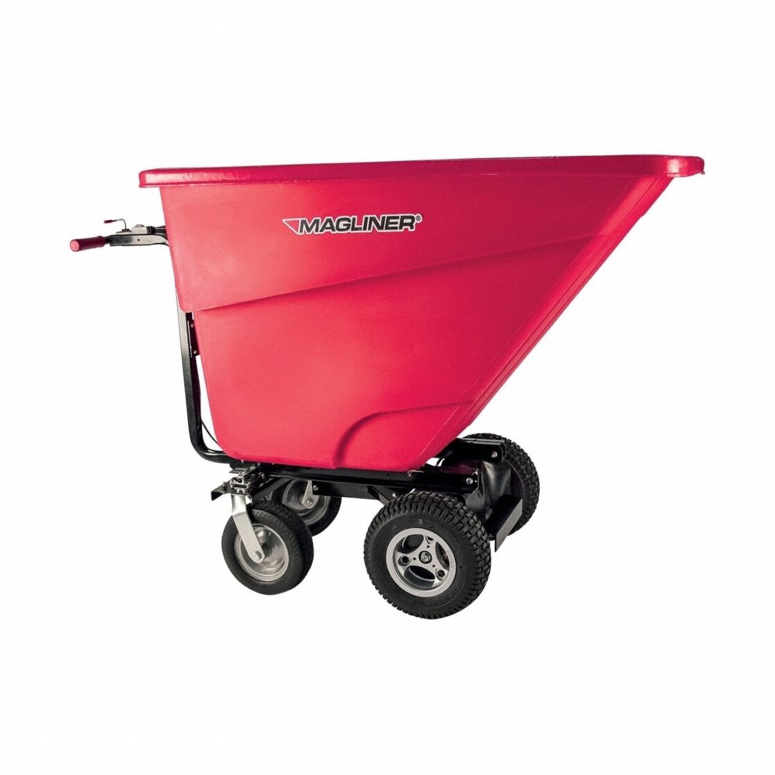 MAGLINER Powered Dump Bin Cart: Powered, 13.5 cu ft Cubic Foot Capacity, 400 lb Load Capacity, Red (MPN MHCSAB). Key specifications — Color: Red; Brand: MAGLINER; Caster/Wheel Configuration: (2) Swivel; Battery Chemistry: Sealed Lead Acid; Battery Type: Absorbent Glass Mat (AGM).