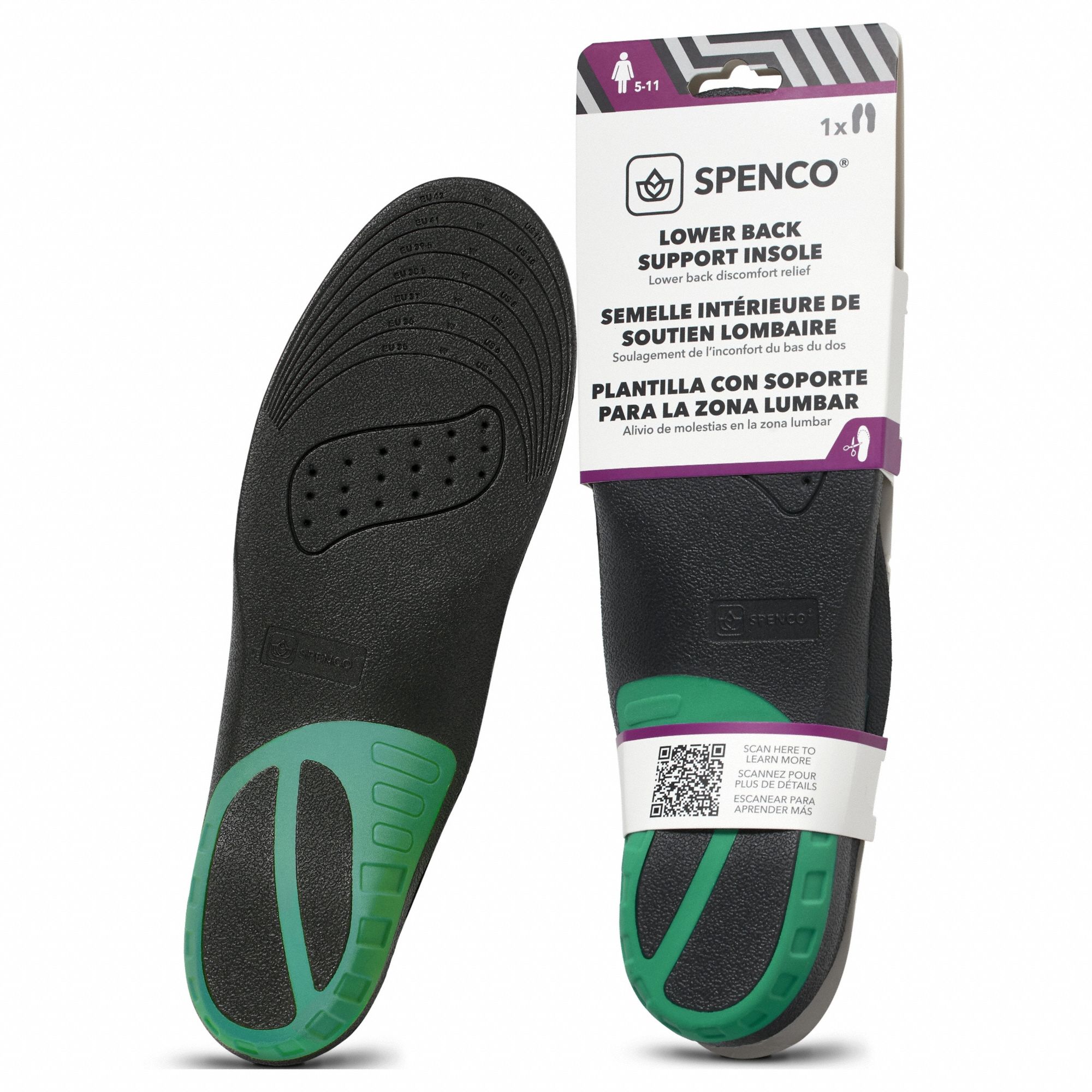 Insole: Back Pain, Black/Green, High, Back Support Women's Trim to Fit, Women's, Round, 1 PR