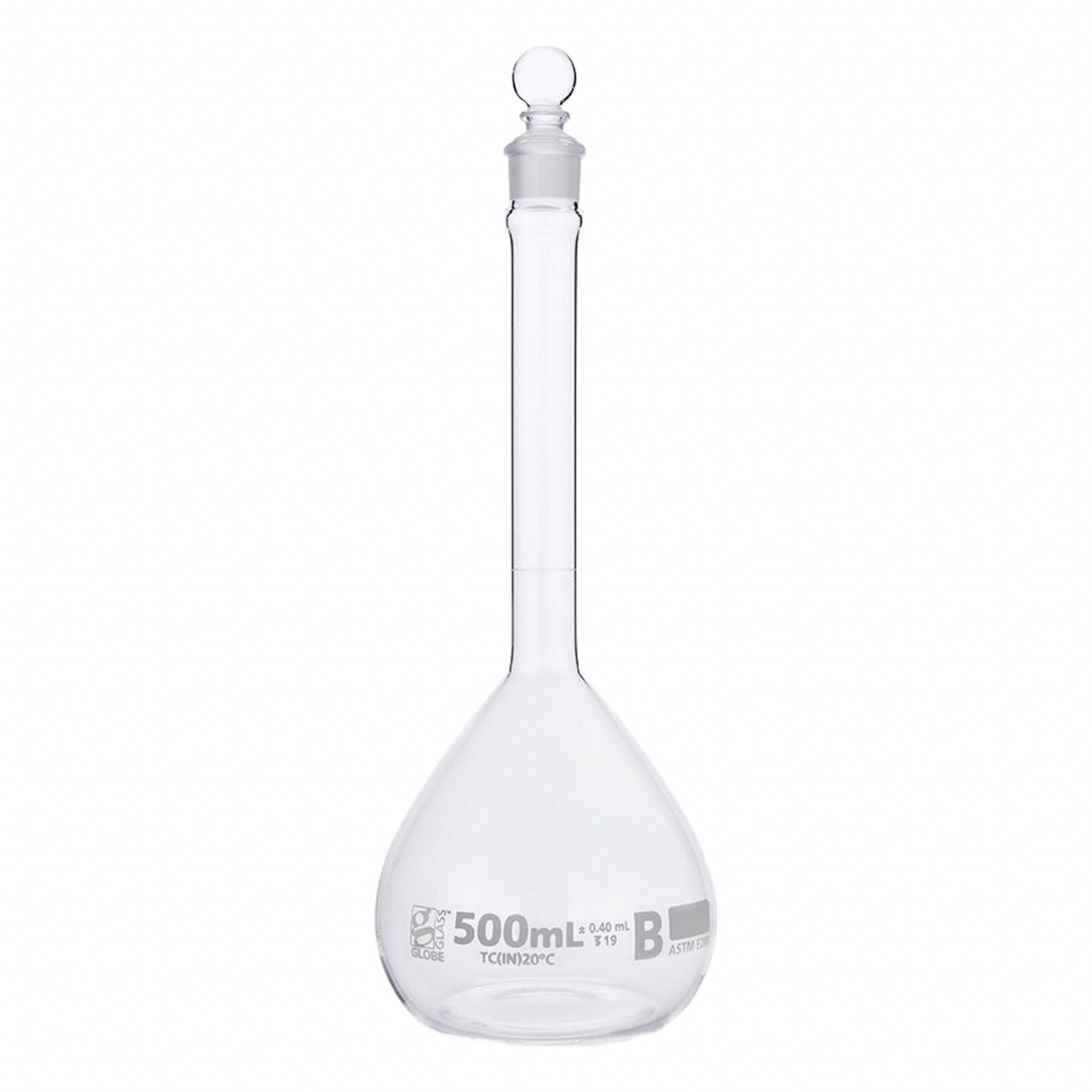 GLOBE SCIENTIFIC Glass Flasks: 500 mL, Colorless, B, 0.4 mL, Includes Closure, 260 mm Overall Ht (MPN 8250500). Key specifications — Tolerance: 0.4 mL; Body Color: Colorless; Brand: GLOBE SCIENTIFIC; Compatible with Stopper Size: 19; USP Specification: Type I.