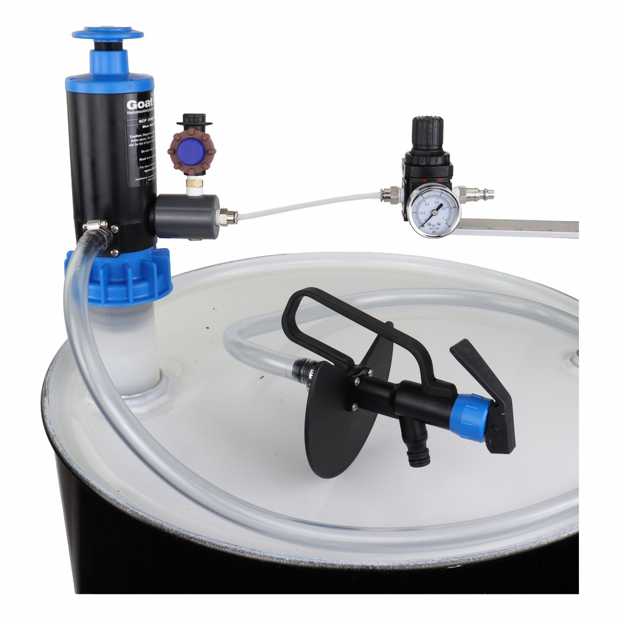 GOATTHROAT PUMPS Air Drum Pump: Pump w/ Discharge Hose & Nozzle, 1:1, 4.5 gpm Max. Flow Rate, PP (MPN GT200RTBTG-AK). Key specifications — Brand: GOATTHROAT PUMPS; Suction Tube Material: PP.