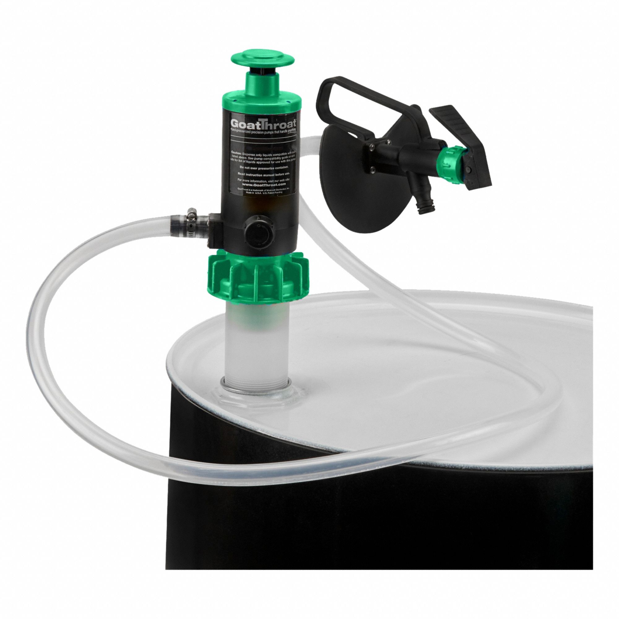 GOATTHROAT PUMPS Air Drum Pump: Pump w/ Discharge Hose & Nozzle, 4.5 gpm Max. Flow Rate, PP (MPN GT300RTBPVC). Key specifications — Brand: GOATTHROAT PUMPS; Suction Tube Material: PP.