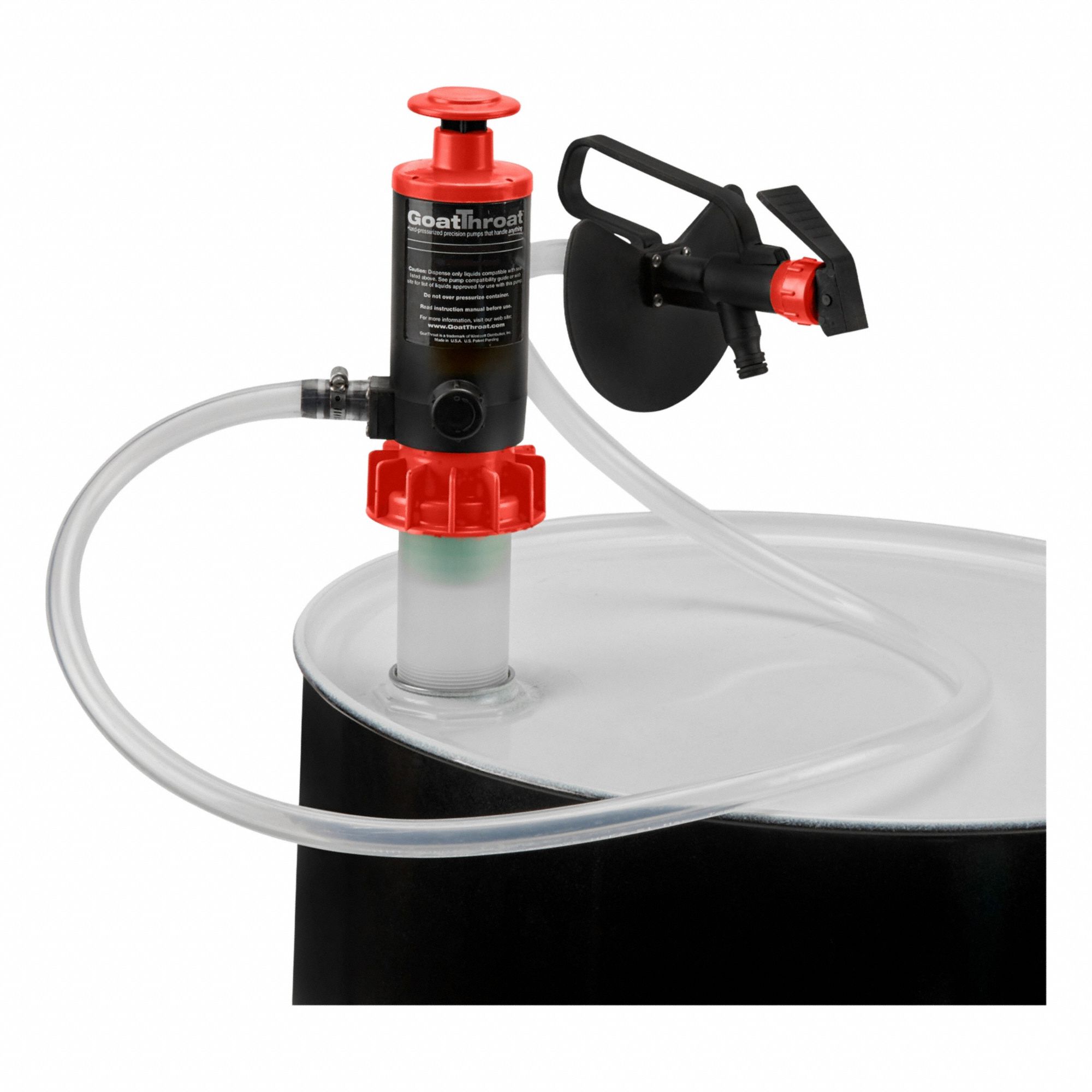 GOATTHROAT PUMPS Air Drum Pump: Pump w/ Discharge Hose & Nozzle, 4.5 gpm Max. Flow Rate, PP (MPN GT100RTBPVC). Key specifications — Brand: GOATTHROAT PUMPS; Suction Tube Material: PP.