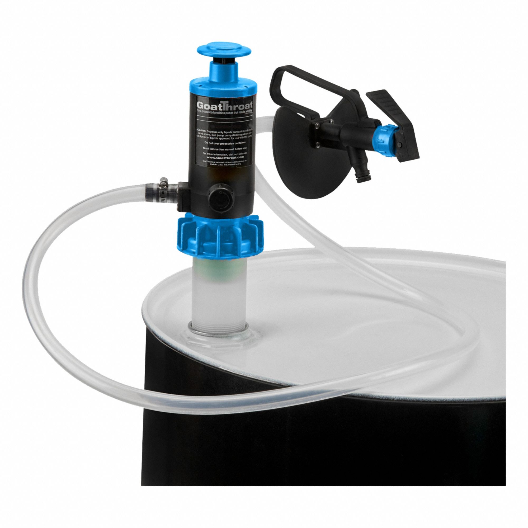 GOATTHROAT PUMPS Air Drum Pump: Pump w/ Discharge Hose & Nozzle, 4.5 gpm Max. Flow Rate, PP (MPN GT200RTBPVC). Key specifications — Brand: GOATTHROAT PUMPS; Suction Tube Material: PP.