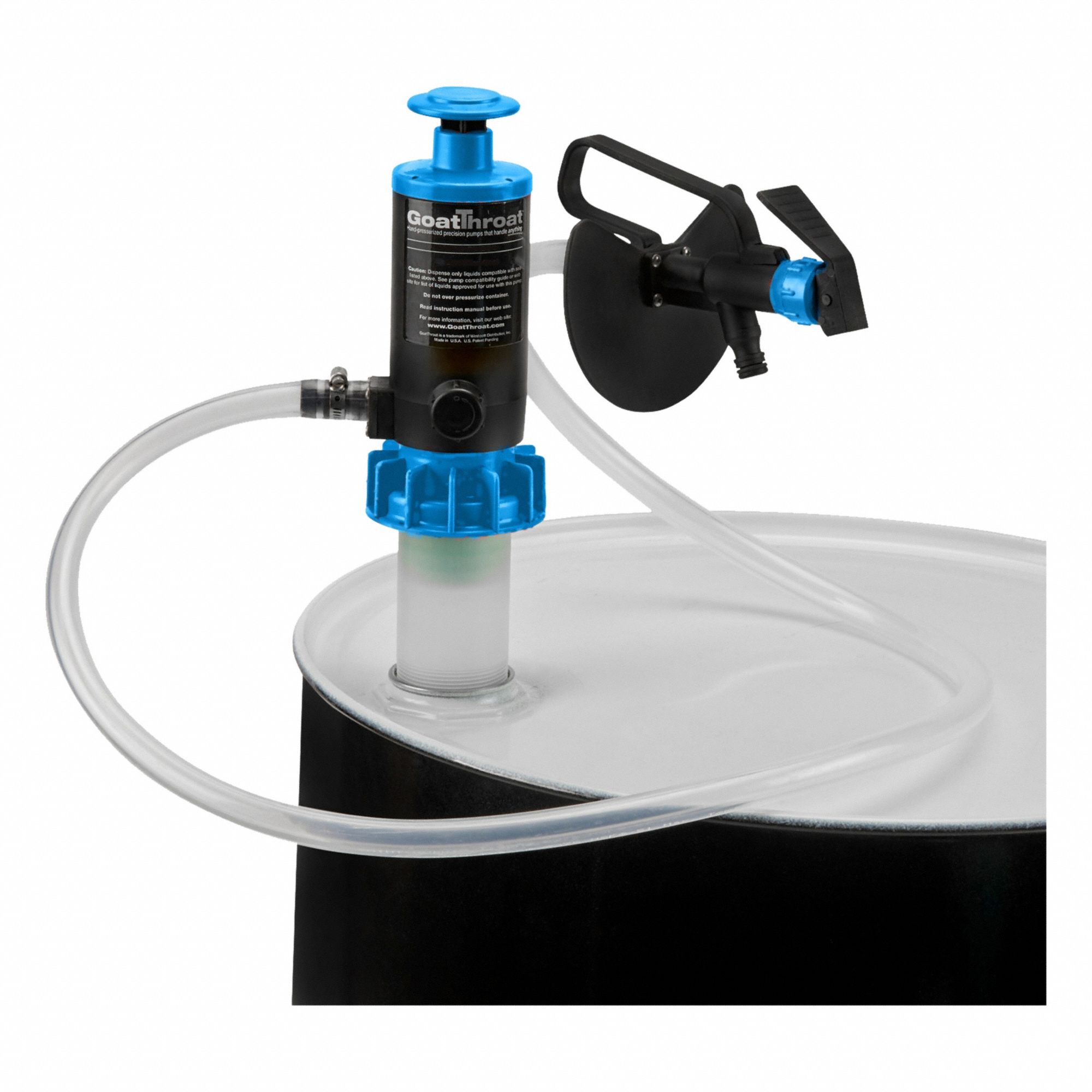 GOATTHROAT PUMPS Air Drum Pump: Pump w/ Discharge Hose & Nozzle, 1:1, 4.5 gpm Max. Flow Rate, PP (MPN GT200SRTBPVC). Key specifications — Brand: GOATTHROAT PUMPS; Suction Tube Material: PP.