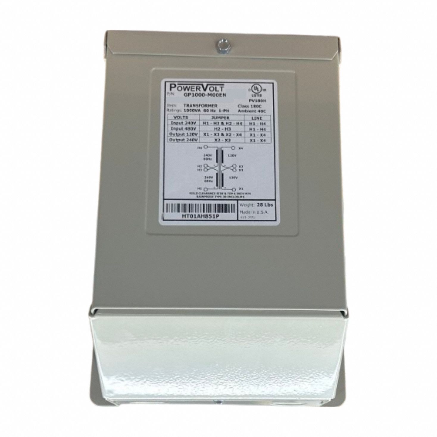 POWERVOLT Enclosed Industrial Control Transformer: 240 or 480V, 120 or 240V, Wall, 1.5 kVA (MPN GP1500-M60EN-D). Key specifications — Brand: POWERVOLT; Input Voltage: 240 or 480V; Mounting Location: Wall; Output Voltage: 120 or 240V; Phase: Single; Includes: Knockouts.