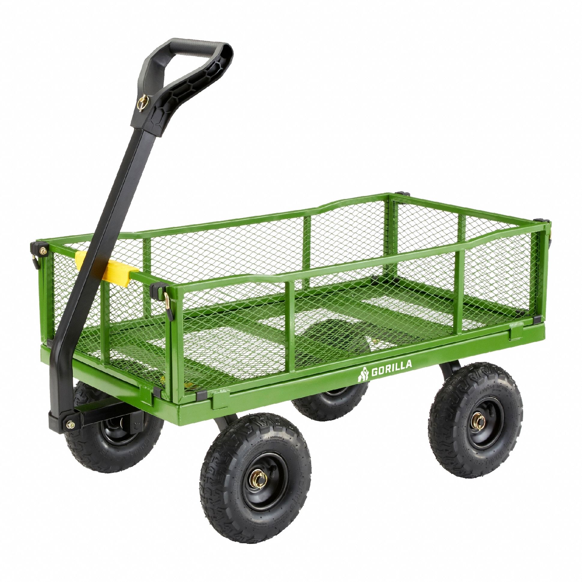GORILLA cart: 900 lb Cap, 40 in L x 21 in W x 13 in H Deck, D-Shaped, 14 ga Frame, Green (MPN GCG-9004T). Key specifications — Brand: GORILLA; Color: Green.