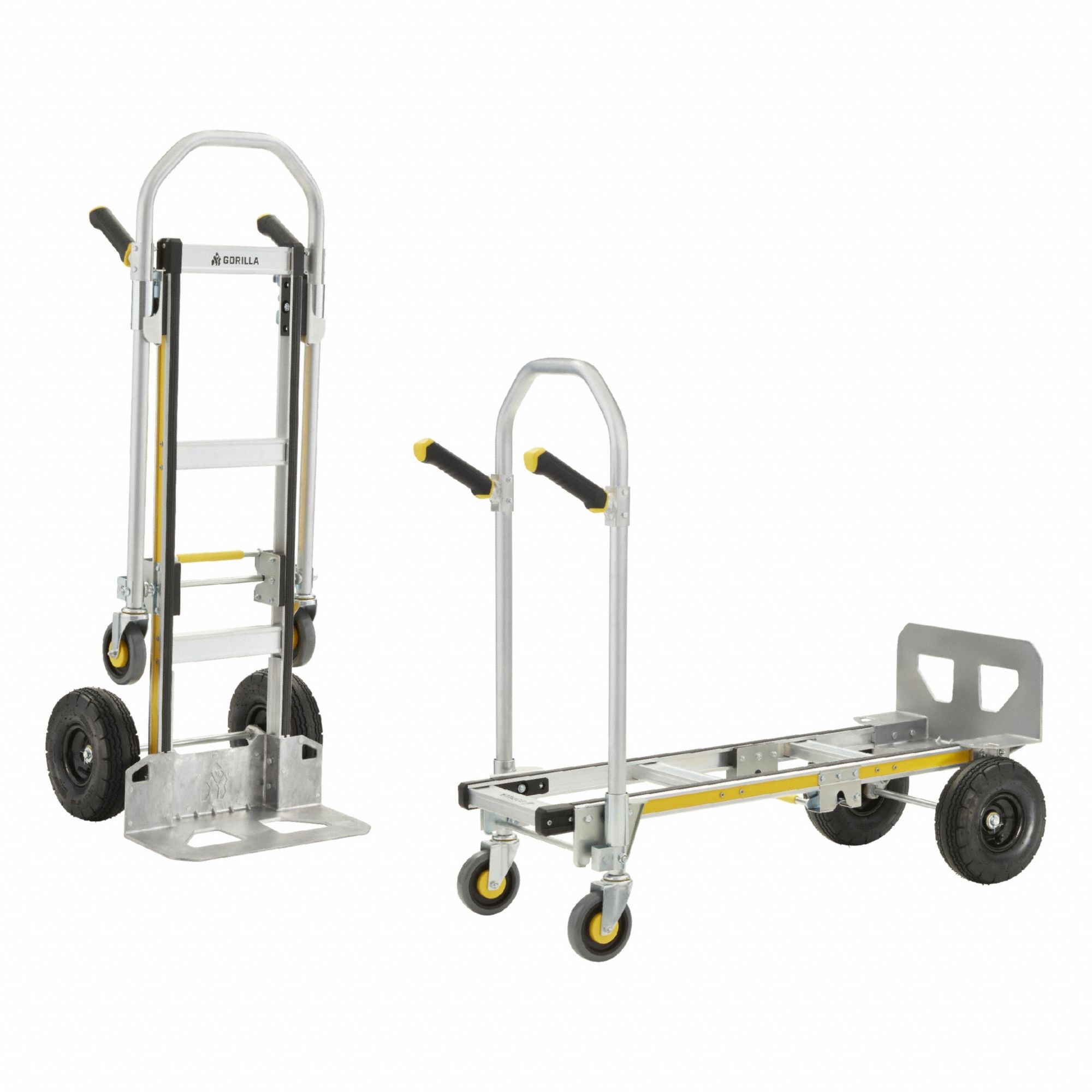 GORILLA hand truck: 1,000 lb, Dual-Pin, Silver, Aluminum, Pneumatic, 10 in Axle-Mounted Wheel Dia. (MPN GHA2-10). Key specifications — Brand: GORILLA.