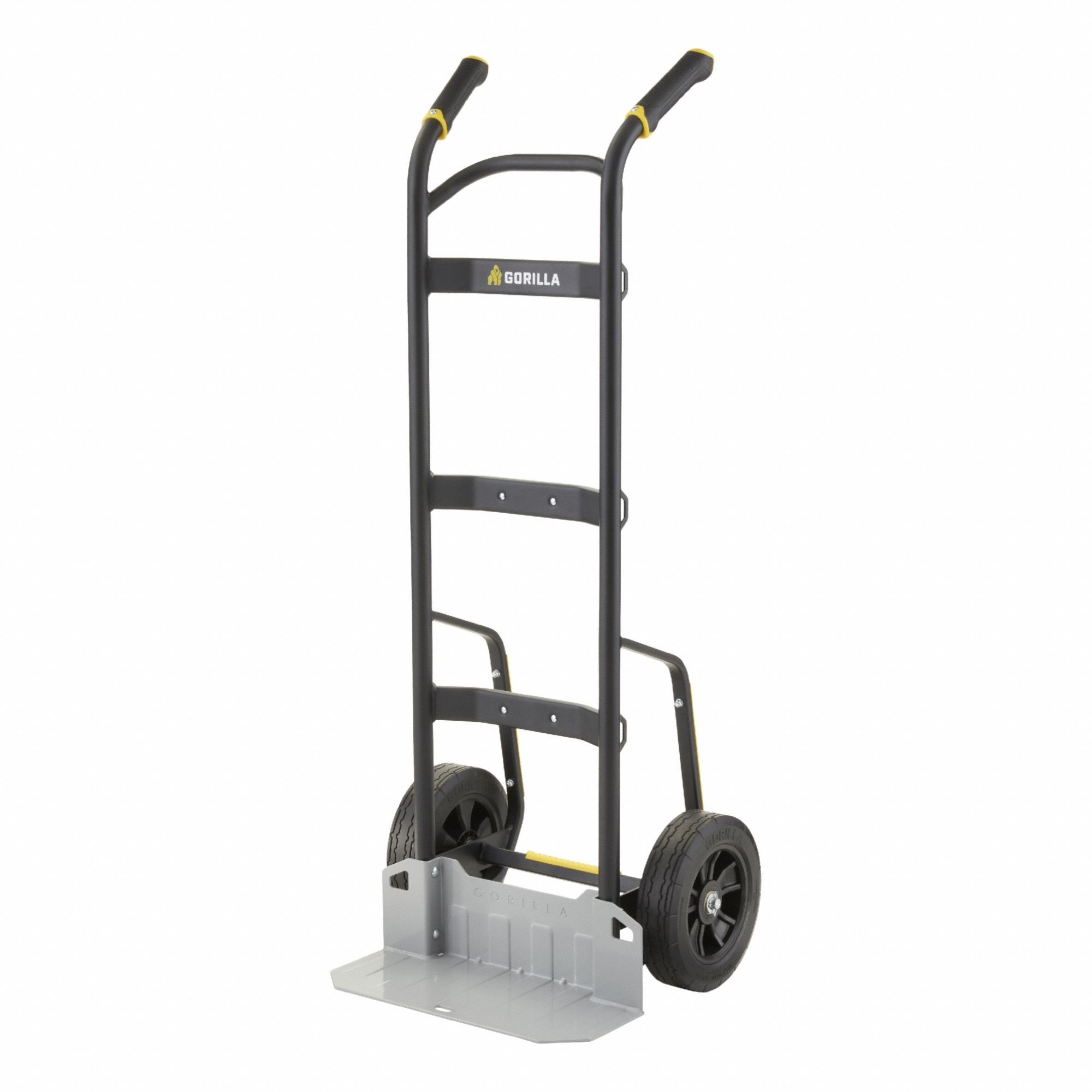 GORILLA hand truck: 1,000 lb, Dual-Handle Handle, Black, Steel, Flat-Free, Flat-Free Rubber (MPN GHH-10). Key specifications — Brand: GORILLA; Color: Black.