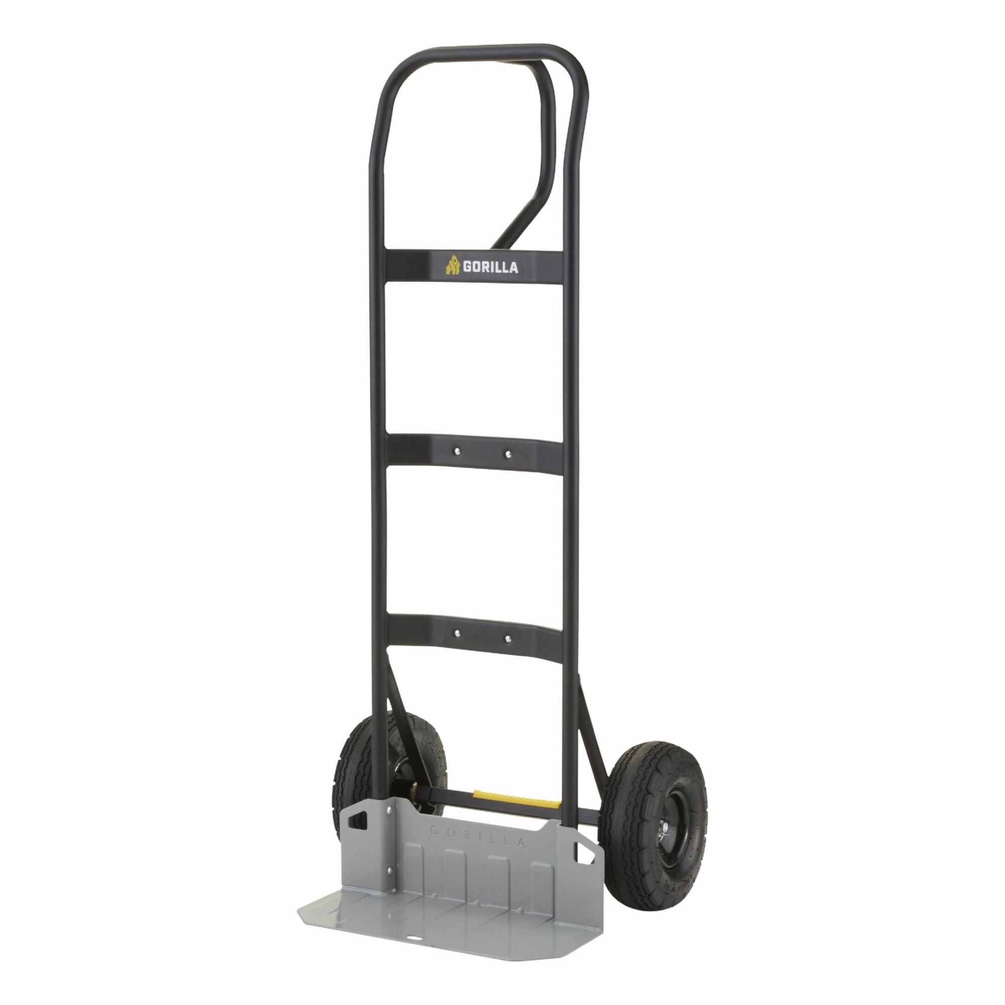 GORILLA hand truck: 800 lb, Single-Loop Handle, Black, Steel, Pneumatic, 18 in W x 8 in D Nose Plate (MPN GHS-8). Key specifications — Brand: GORILLA; Color: Black.