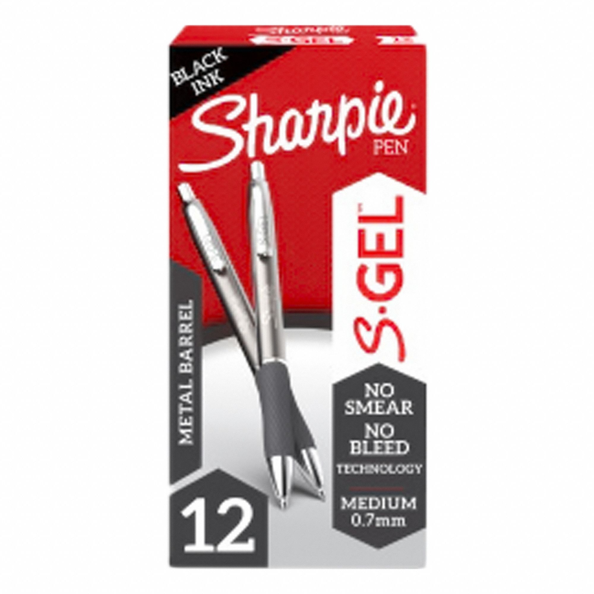Pen: S-Gel, Black, 0.7 mm, Retractable, Gray/Silver, Metal, Cushion Included, Medium, 12 PK