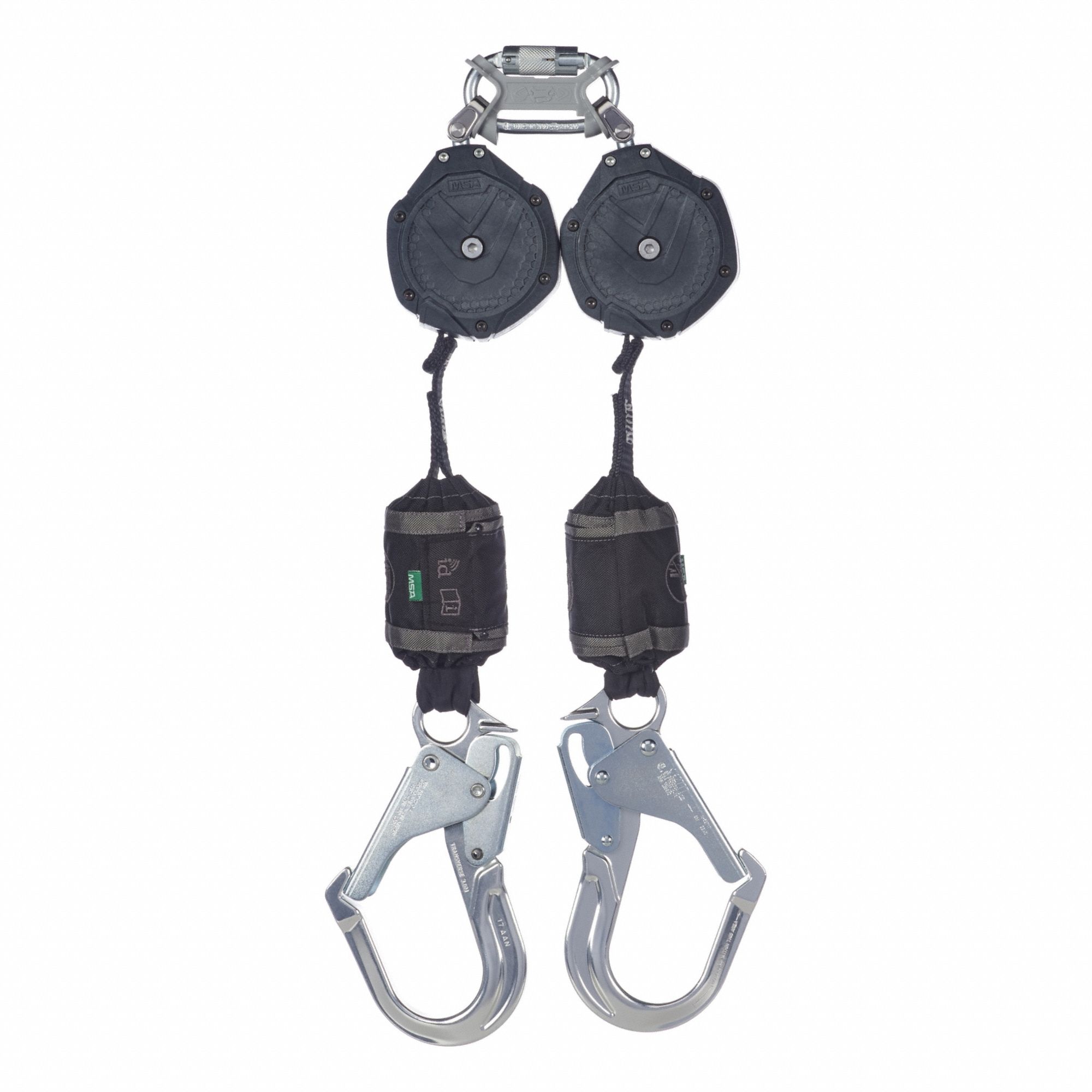 Self-Retracting Lifeline: 2 1/2 inAluminum Rebar Hook Anchor, Harness Aluminum Carabiner