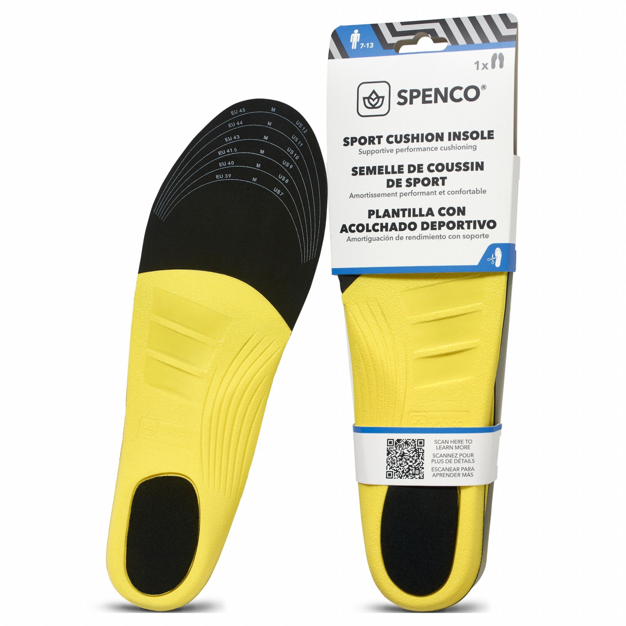 Insole: Fatigue, 7 to 13 For Shoe Size, Black/Green/Yellow, 7 For Men's Shoe Size - Min, 1 PR