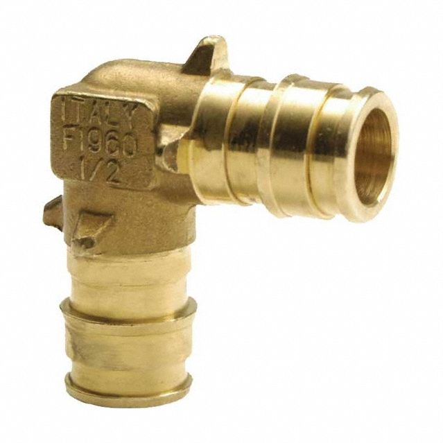 Barbed Fitting Elbow: 1/2 in ID x 1/2 in ID Size, Barbed x Barbed, Brass, Expansion