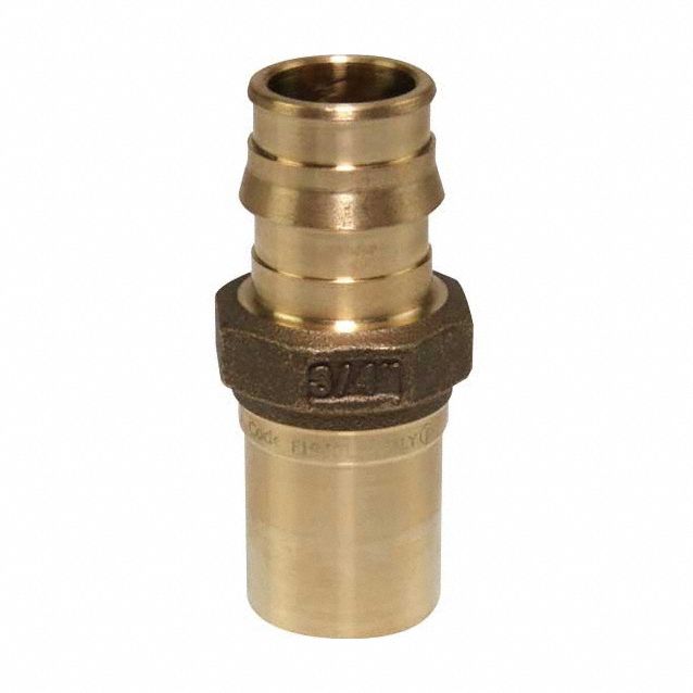 Barbed Fitting Adapter: 3/4 in ID x 3/4 in Pipe Size, Barbed x Press-fit, Brass/Copper