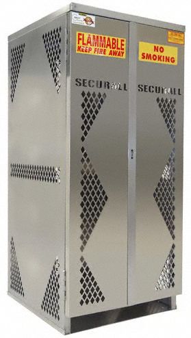 Cylinder Storage Cabinet: 8 Vertical Cylinders, 30 in x 32 in x 65 in, Aluminum, Gray, Manual Close