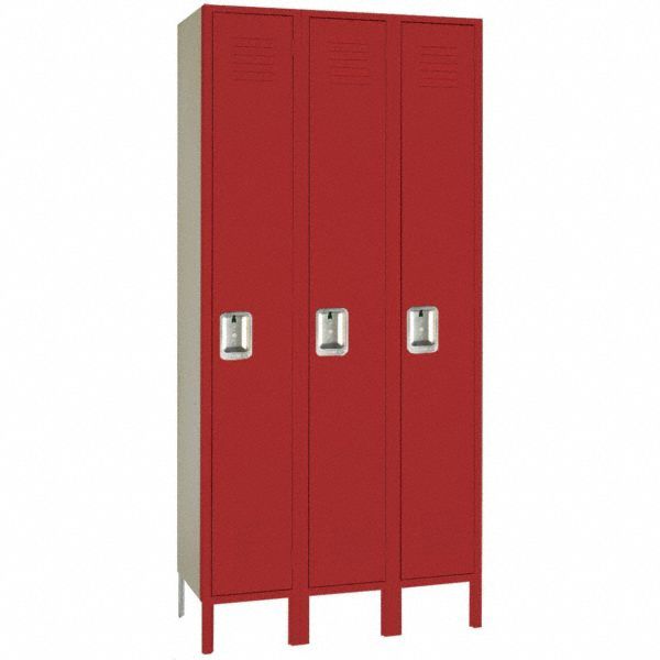Wardrobe Locker: 36 in x 18 in x 66 in, Louvered, 1 Tiers, 3 Units Wide, Padlock Hasp, Red, Red