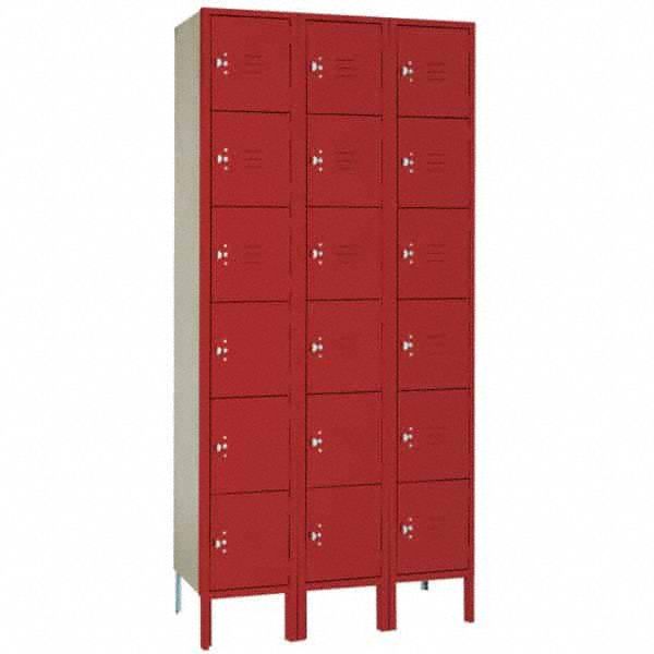 Wardrobe Locker: 36 in x 18 in x 78 in, 6 Tiers, 3 Units Wide, Louvered, Padlock Hasp, Red, Red