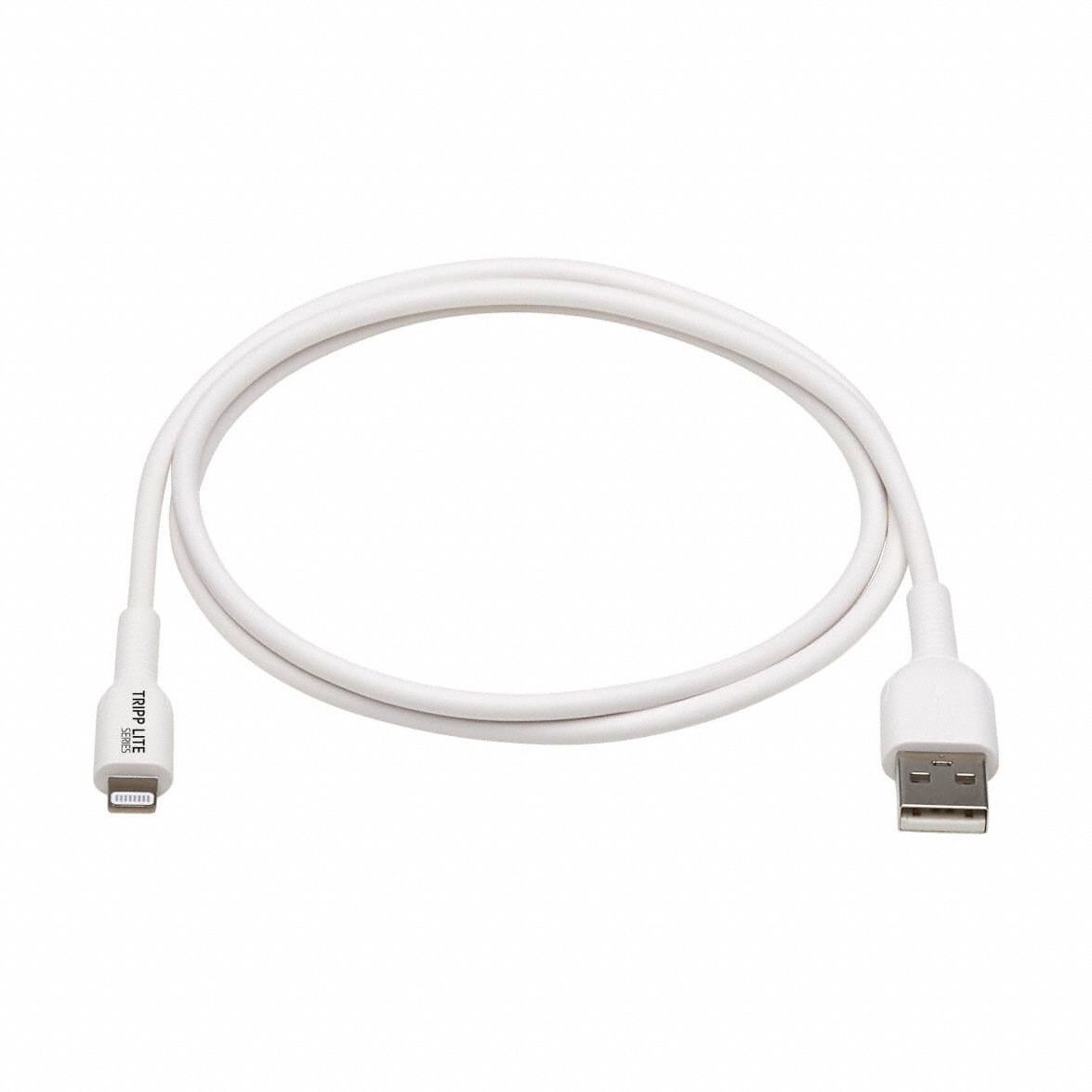 Usb Cable: Type A End 1, Lightning End 2, White, 3.3 ft Lg, 2.0 USB Specification