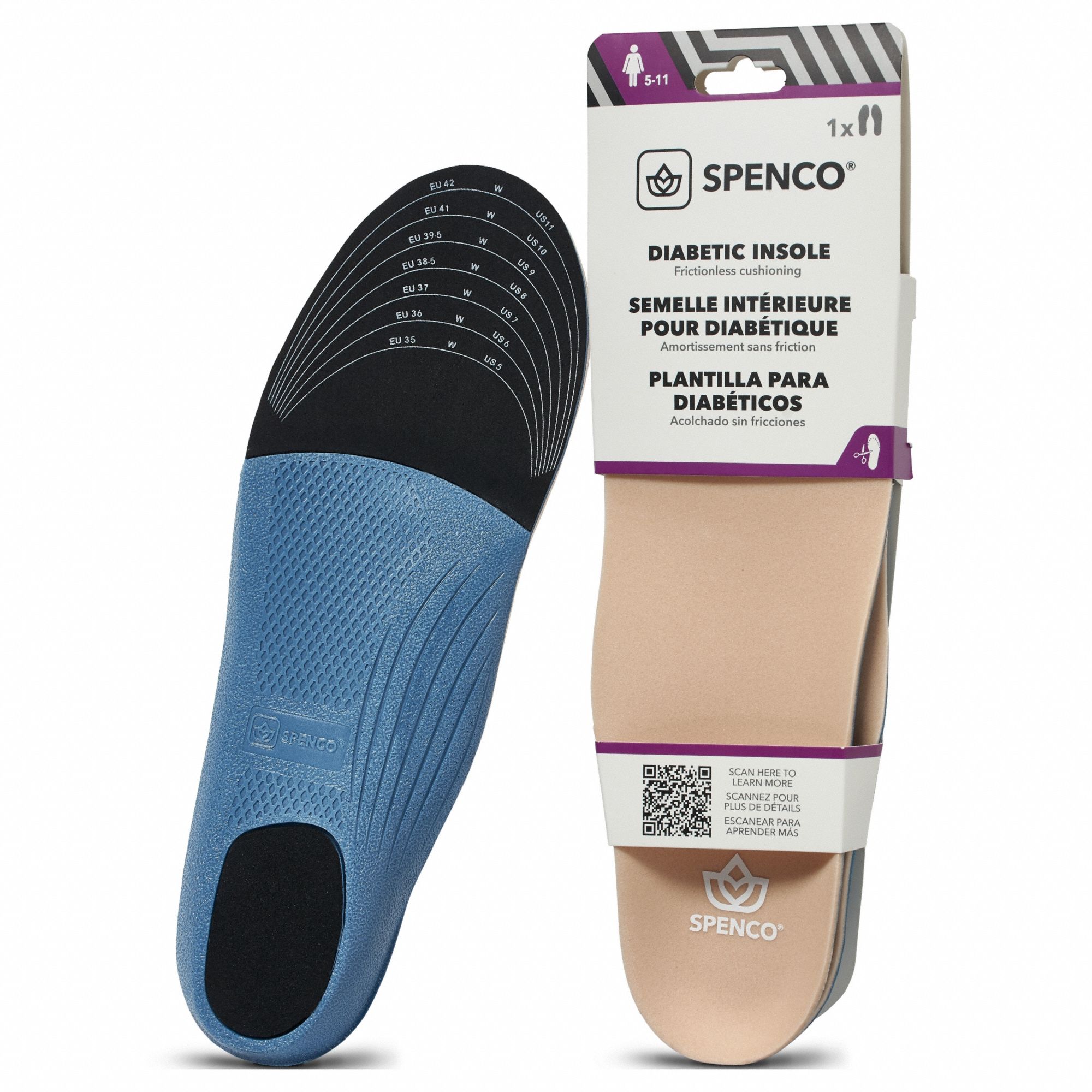 Insole: Diabetes, Biege/Black/Blue, Diabetic Women's Trim to Fit, Women's, Round, 1 PR