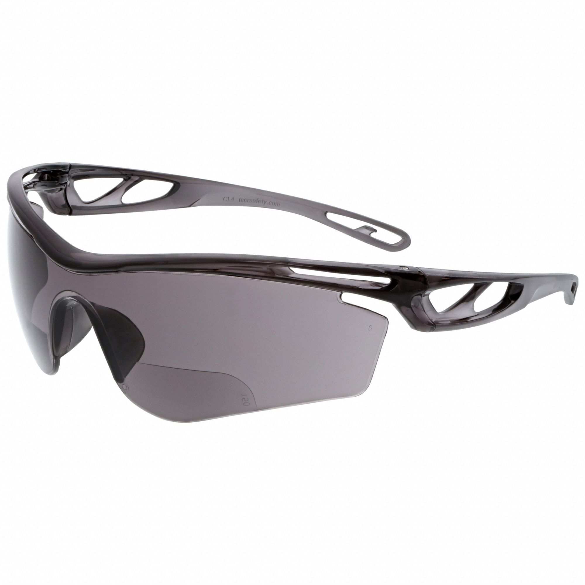 Reader Safety Glasses: Gray Lens Color, Wraparound Frame, Anti-Fog, Bottom, +1.50
