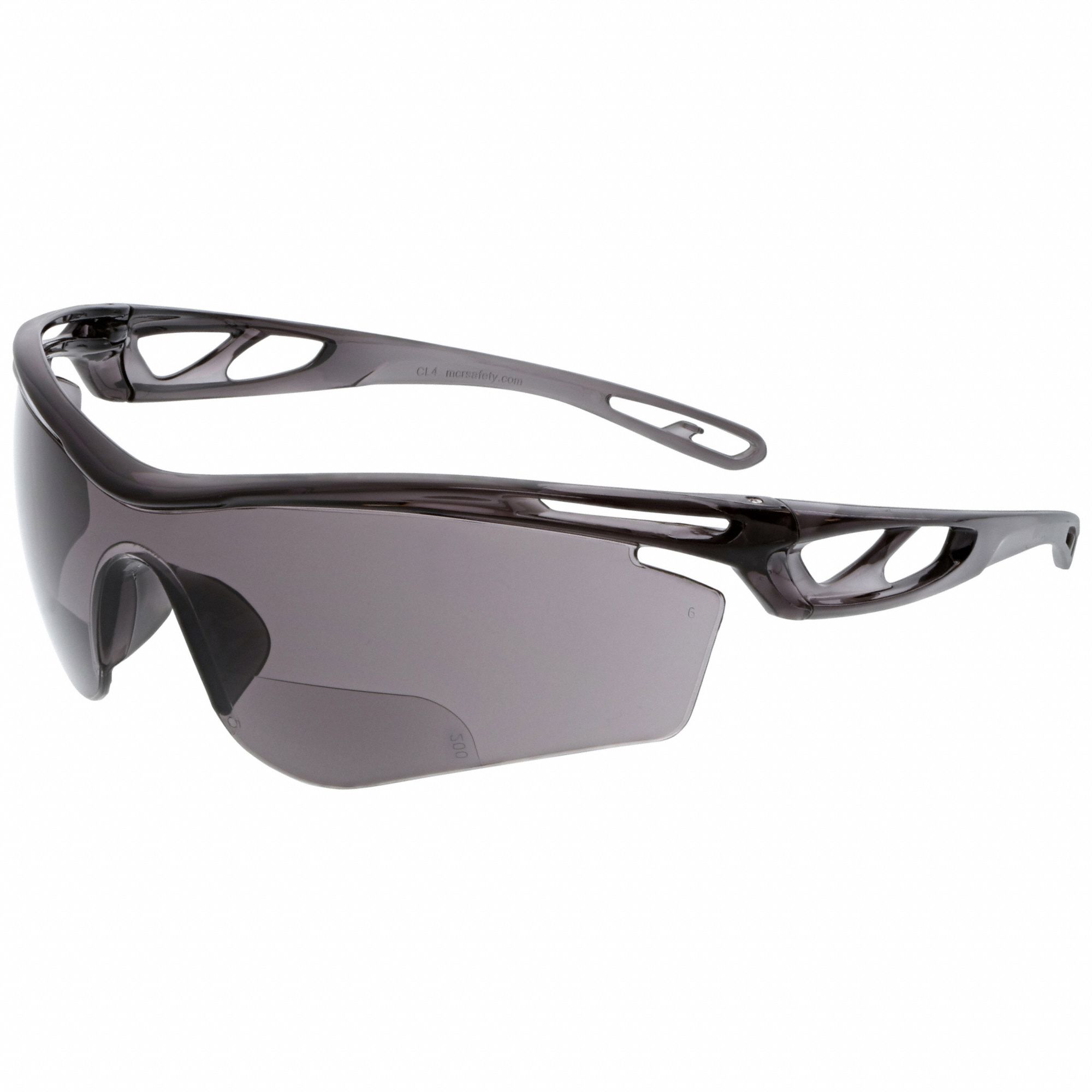 Reader Safety Glasses: Gray Lens Color, Wraparound Frame, Anti-Fog, Bottom, +2.0