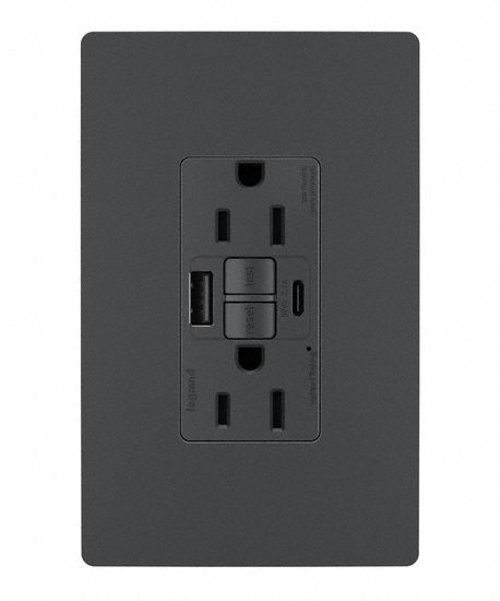 LEGRAND GFCI-USB: Duplex, 5-20, Black, GFCI, 125V AC, 20 A, 2 Pole / 3 Wire (MPN 2097NTLTRBK)
