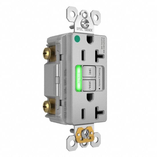 LEGRAND GFCI: Hospital Grade, Duplex, 5-20R, Gray, GFCI, 125V AC, 20 A, 2 Pole / 3 Wire (MPN 2097HGTRPIGRY)
