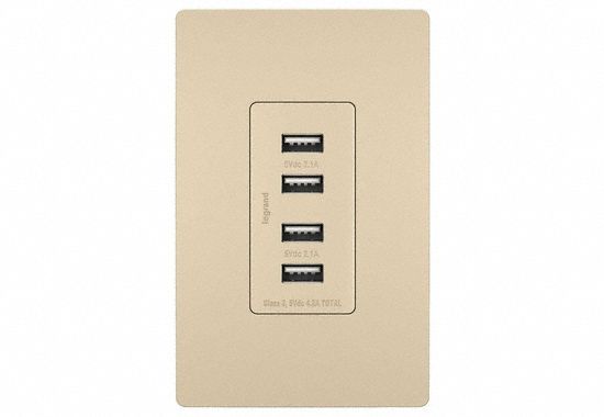 USB Receptacle: 4 USB Ports, USB Type A, Ivory, 125V AC, 15 A (MPN TM8USB4ICC6). Key specifications — Brand: LEGRAND.