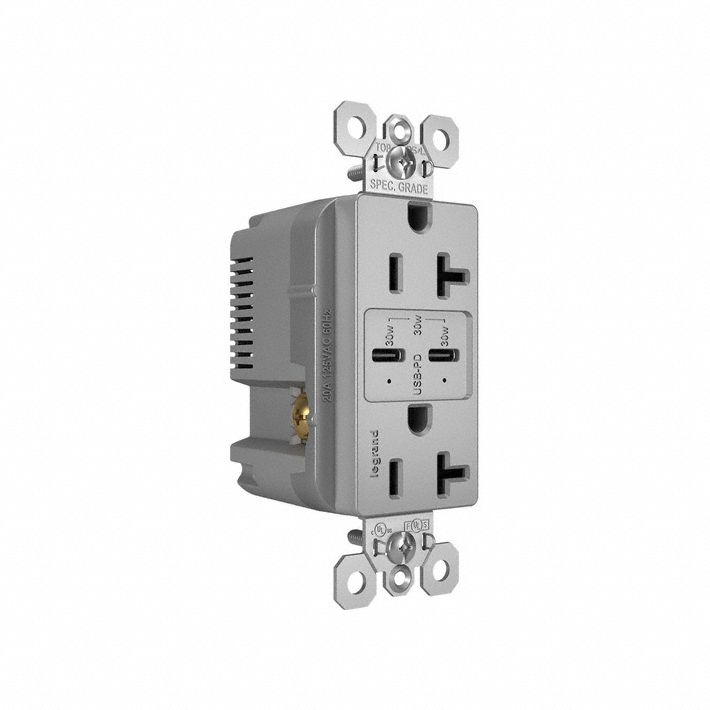 USB Receptacle: Decorator Duplex, 5-15R, 20 A, 125V AC, Gray, 2 USB Ports, C USB Connection Type