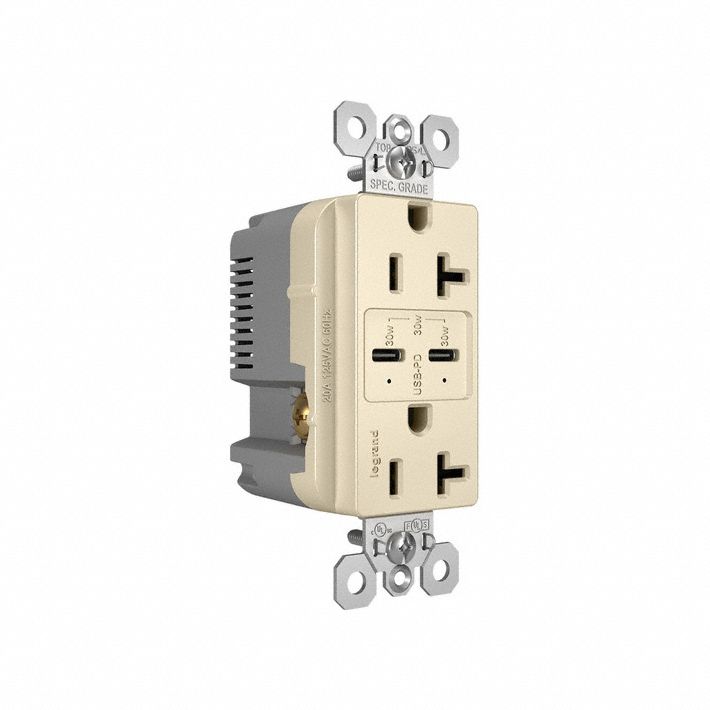 USB Receptacle: Decorator Duplex, 5-15R, 20 A, 125V AC, Light Almond, 2 USB Ports, Screw Terminals
