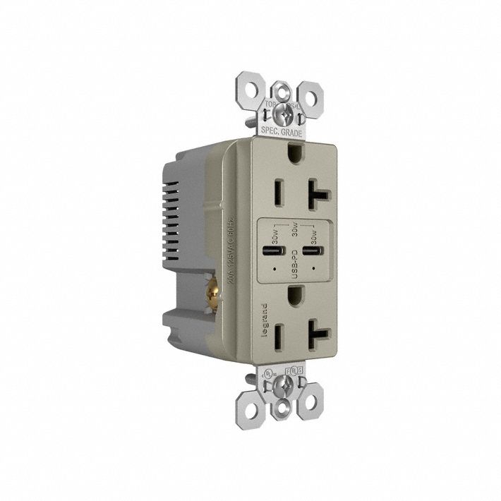 USB Receptacle: Decorator Duplex, 5-15R, 20 A, 125V AC, Gray, 2 USB Ports, C USB Connection Type