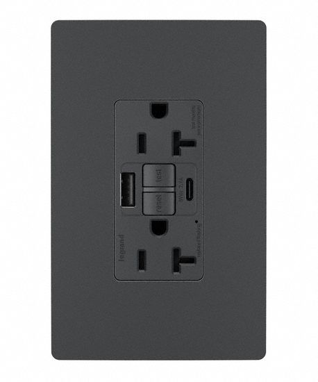 USB Receptacle: Duplex, 5-20R, 2 USB Ports, USB Type A/C, Graphite, 125V AC, 20 A, GFCI (MPN 2097TRUSBACGC4). Key specifications — Brand: LEGRAND.