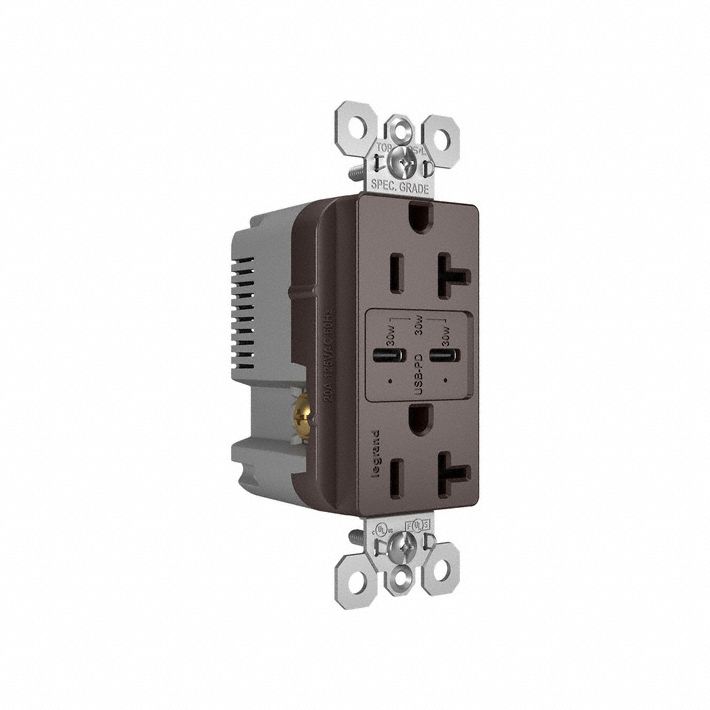USB Receptacle: Decorator Duplex, 5-15R, 20 A, 125V AC, Brown, 2 USB Ports, C USB Connection Type