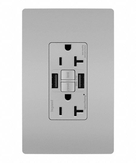 USB Receptacle: Duplex, 5-20R, 2 USB Ports, USB Type A, Gray, 125V AC, 20 A, GFCI (MPN 2097TRUSBAAGRY). Key specifications — Brand: LEGRAND.