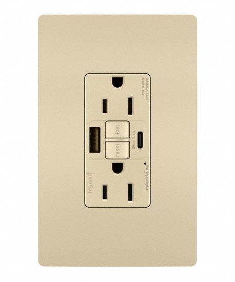 USB Receptacle: Duplex, 5-15R, 2 USB Ports, USB Type A/C, Ivory, 125V AC, 15 A, GFCI (MPN 1597TRUSBACI). Key specifications — Brand: LEGRAND.