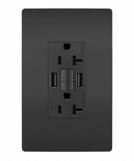 USB Receptacle: Duplex, 5-20R, 2 USB Ports, USB Type A, Black, 125V AC, 20 A, GFCI (MPN 2097TRUSBAABK). Key specifications — Brand: LEGRAND.
