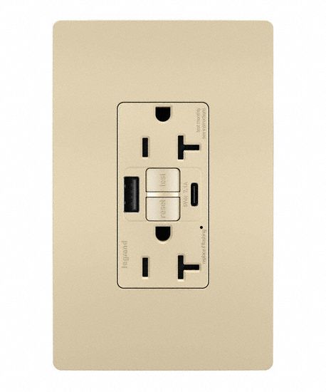 USB Receptacle: Duplex, 5-20R, 2 USB Ports, USB Type A/C, Ivory, 125V AC, 20 A, GFCI (MPN 2097TRUSBACI). Key specifications — Brand: LEGRAND.