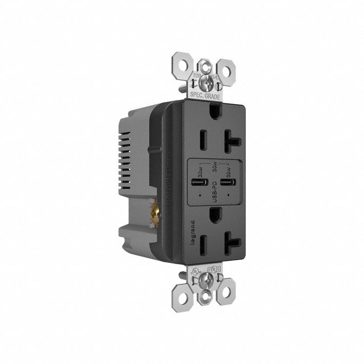 USB Receptacle: Decorator Duplex, 5-15R, 20 A, 125V AC, Black, 2 USB Ports, C USB Connection Type