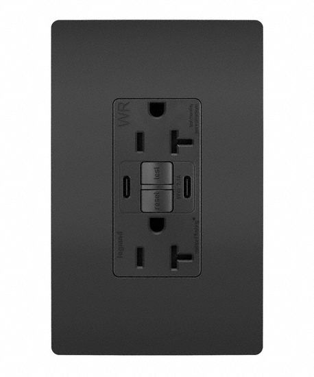 USB Receptacle: Duplex, 5-20R, 2 USB Ports, USB Type C, Black, 125V AC, 20 A, GFCI (MPN 2097TRWRUSBCCBK). Key specifications — Brand: LEGRAND.