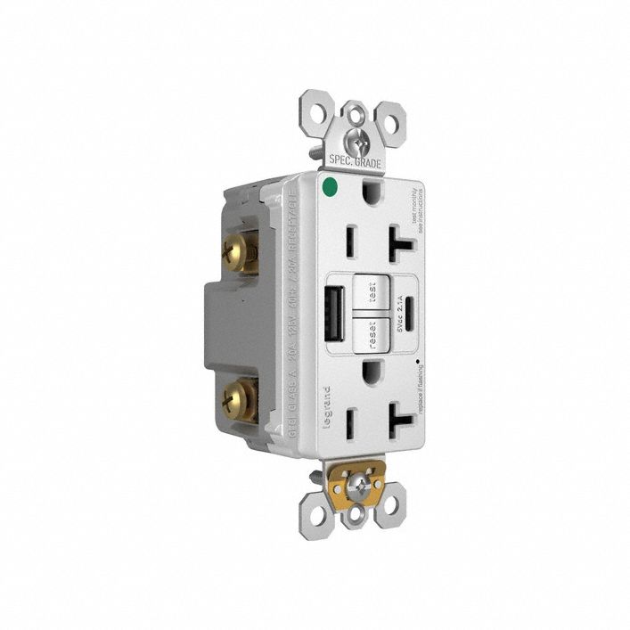 USB Receptacle: 5-20R, 20 A, 125V AC, White, A/C USB Connection Type, Hospital Grade