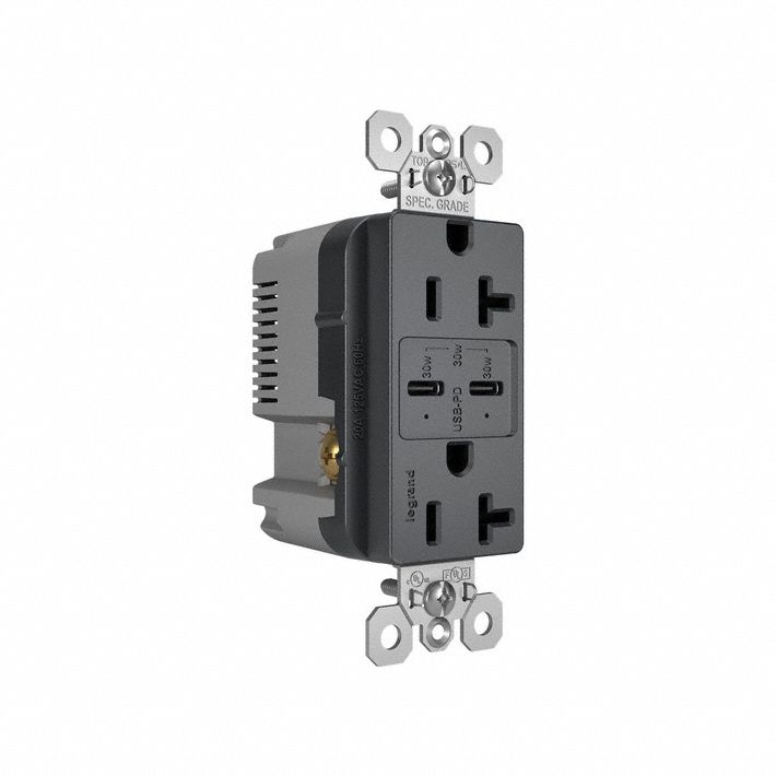 USB Receptacle: Decorator Duplex, 5-15R, 20 A, 125V AC, Gray, 2 USB Ports, C USB Connection Type