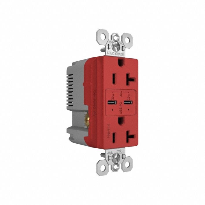 USB Receptacle: Decorator Duplex, 5-15R, 20 A, 125V AC, Red, 2 USB Ports, C USB Connection Type