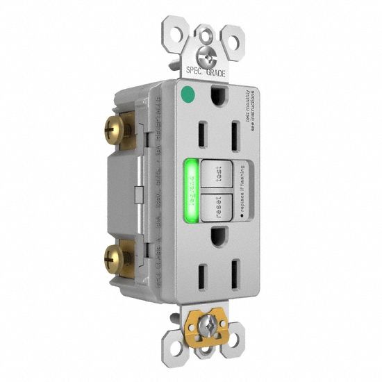LEGRAND GFCI: Hospital Grade, Duplex, 5-15R, Gray, GFCI, 125V AC, 15 A, 2 Pole / 3 Wire (MPN 1597HGTRPIGRY)