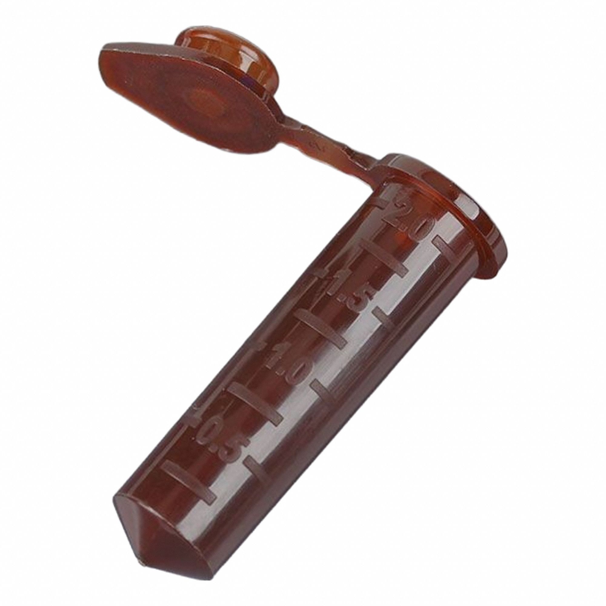 GLOBE SCIENTIFIC Microcentrifuge Tube: Microcentrifuge Tube, Polypropylene, 2 mL Capacity - mL (MPN 111574A). Key specifications — Brand: GLOBE SCIENTIFIC; Graduated: Yes; Closure Color: Colorless; Includes: Attached Snap Cap; Includes Closure: Yes; Body Color: Amber; Bottom Shape: Conical; Body Material: Polypropylene.